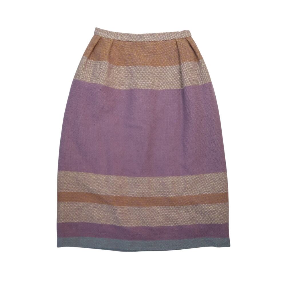 Vintage 70s Purple and Tan Striped Wool Midi Pencil Skirt S